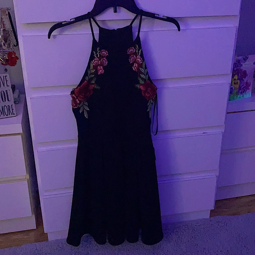 Dillards black dress with rose details
